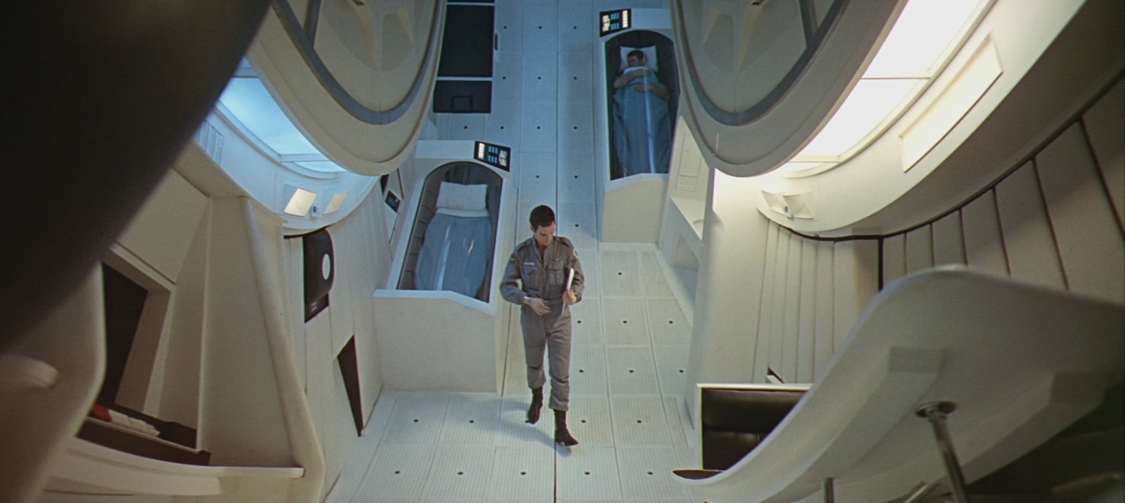 Screenshot of Dave Bowman walking around inside the Discovery One