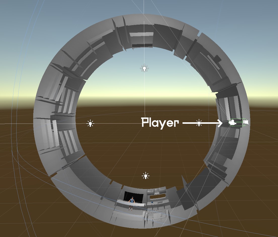 The Scene View in Unity showing a player capsule running around the inside of a ring station